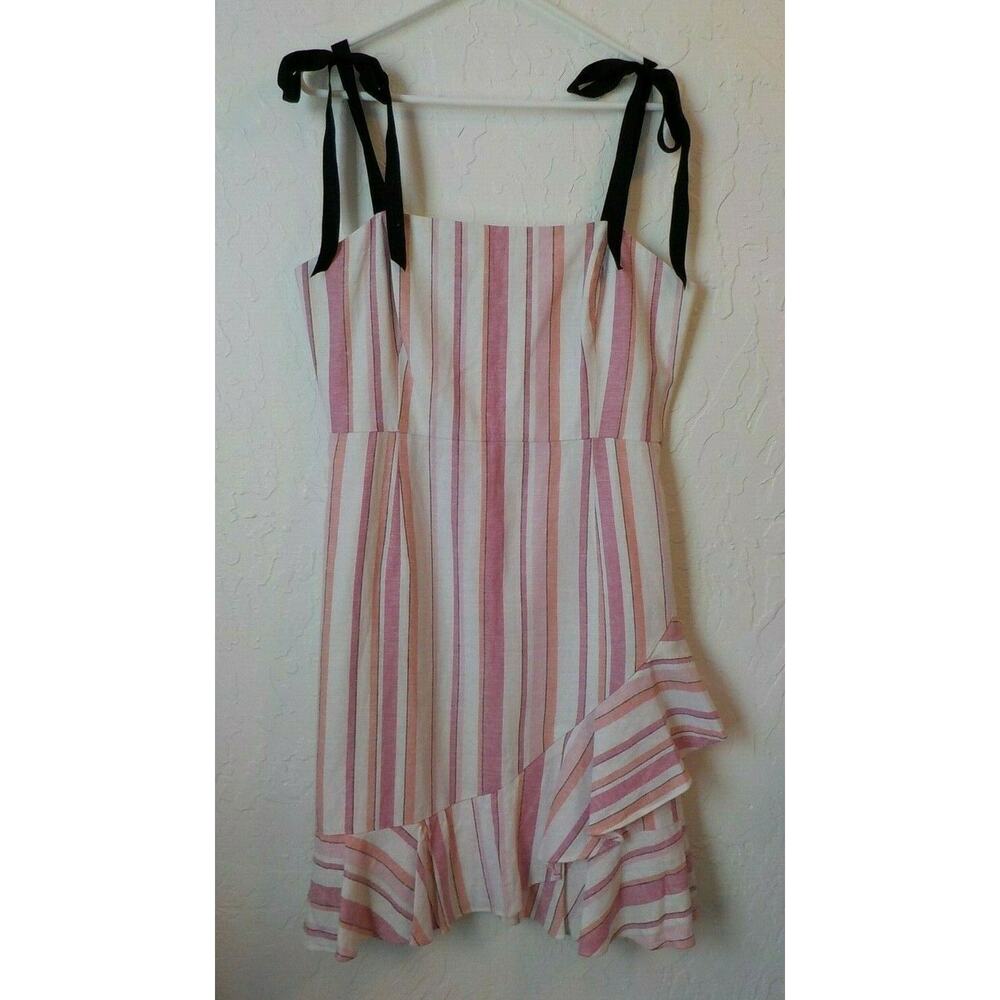 Donna Morgan White Pink Striped Dress Size 14 Sleeveless Ruffles Linen Coastal